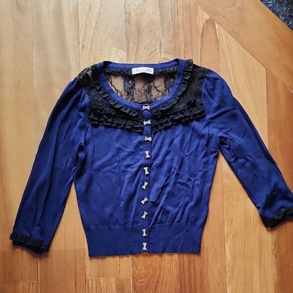 Alannah Hill Navy Top with Black Lace Overlay - Women's Size 12 (AUS) / 8 (US) - Picture 1 of 6